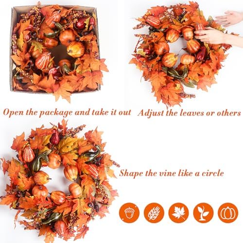 24 Inch Artificial Fall Wreath for Front Door Decor