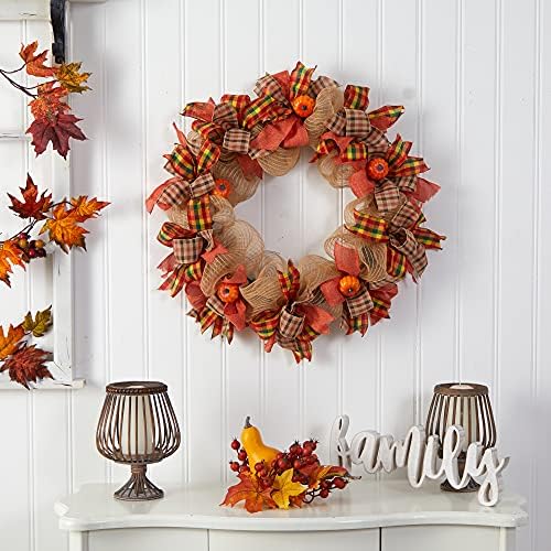 Nearly Natural 30in Autumn Pumpkin Decorative Bow Fall Wreath