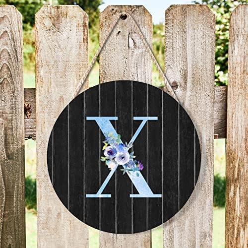 Farmhouse Front Door Hanger Watercolor Blue Floral Letter X Wood Sign