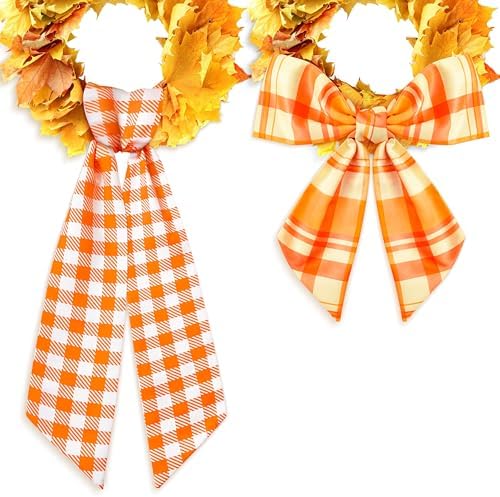 WATINC Autumn Orange Wreath Sash - 2pcs Fall Buffalo Check DIY Front Door Accessory