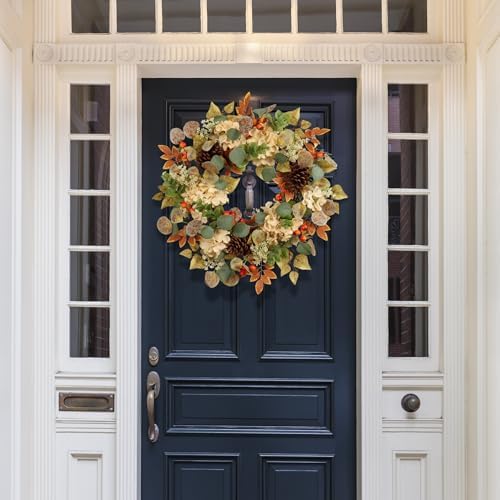 22 Inch Fall Hydrangea Wreath with Eucalyptus Pinecones Orange Berries