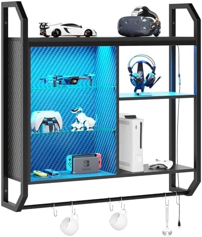 Bestier LED Gaming Floating Shelf with 6 S-Hooks Black Carbon Fiber