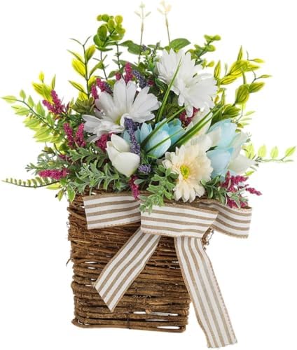 Lindagary Spring Summer Artificial Flower Wreath Door Hanger Basket