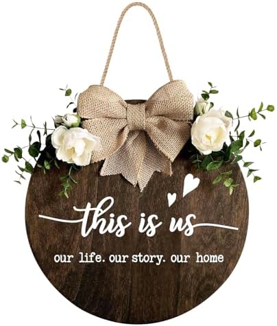 This is Us Welcome Sign Rustic Round Wood Door Decor with Ribbon Bow and Artificial Greenery