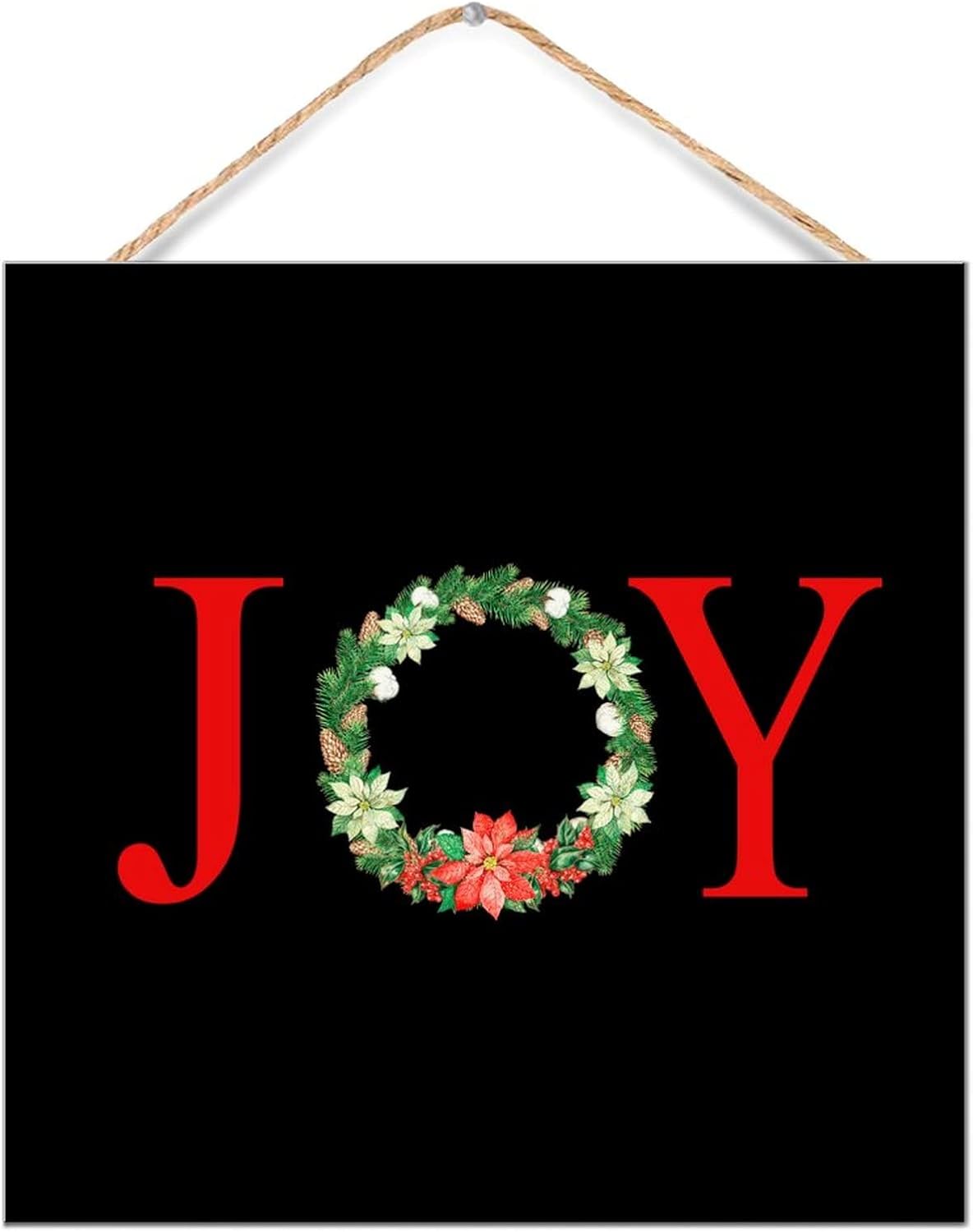 Joy Christmas Botanical Wreath Wooden Sign Door Hanger Decor 12x12in