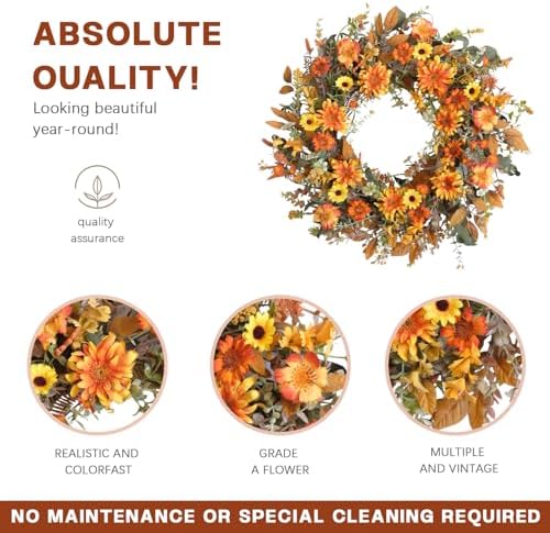 TEMPUS 22 Inch Fall Wreath with Yellow Daisies and Green Leaves - Artificial Wreath for Front Door Thanksgiving Decor