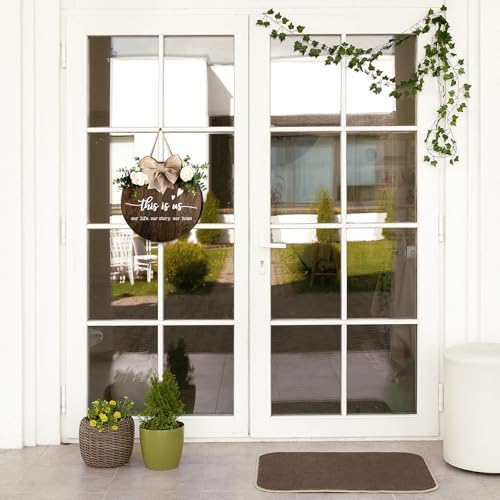 This is Us Welcome Sign Rustic Round Wood Door Decor with Ribbon Bow and Artificial Greenery