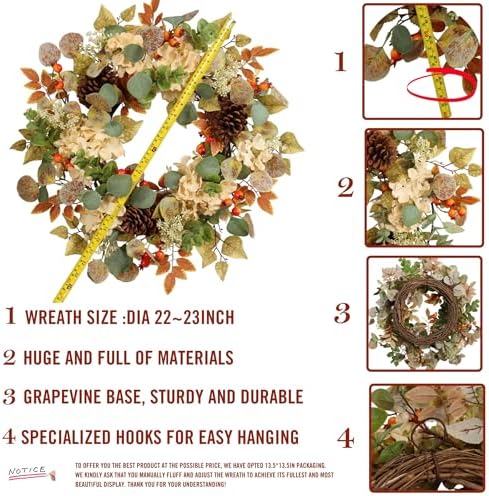 22 Inch Fall Hydrangea Wreath with Eucalyptus Pinecones Orange Berries