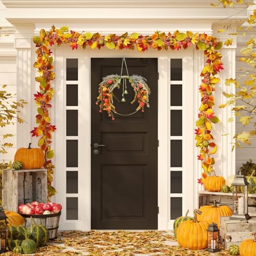 Fall Leaves Wreath for Front Door Autumn Decor with Colorful Mixed Leaves and Eucalyptus Branches