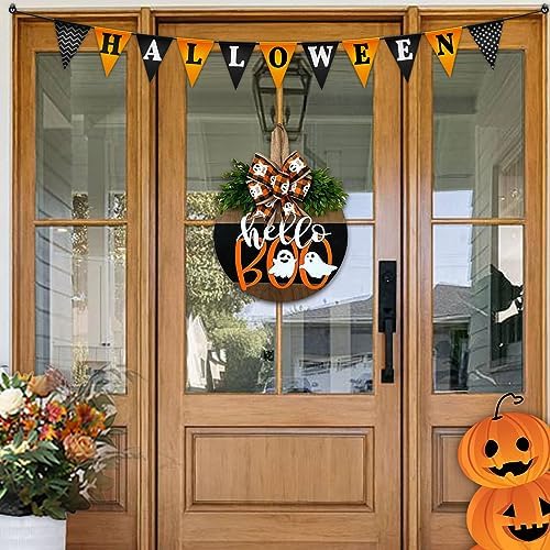 Halloween Door Wreath with Ghost Welcome Sign