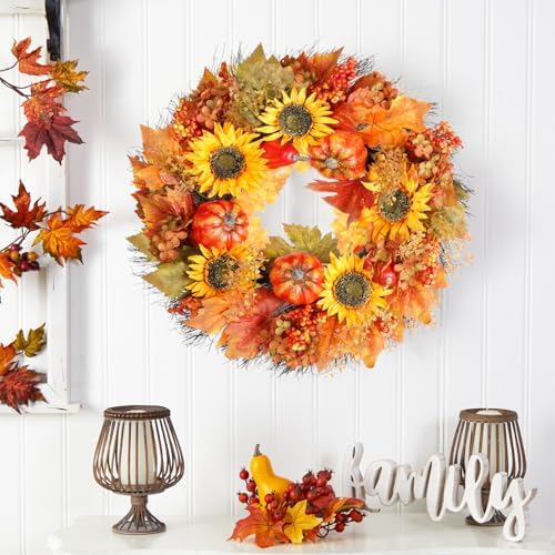 Fall Wreath with Pumpkins and Sunflowers 22 Inch Decor for Front Door