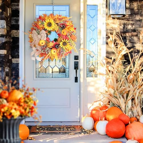 20 Inch Autumn Wreath with Pumpkins and Sunflowers