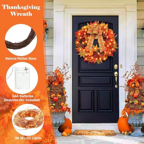 Heflashor 24 Inch Fall Door Wreath with Lights