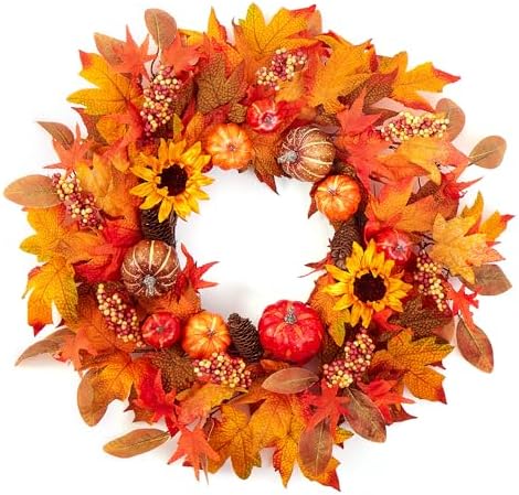 Fall Wreaths for Front Door 22 Inch Autumn Pumpkin Sunflower Decor