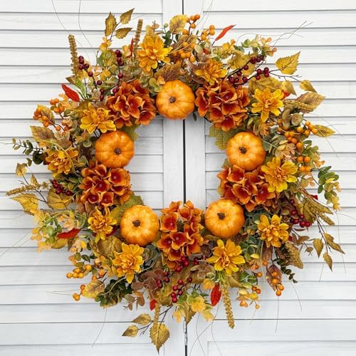 24 Inch Fall Door Wreath with Pumpkins and Hydrangeas