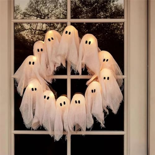 LED Light-Up Halloween Ghost Wreath for Door