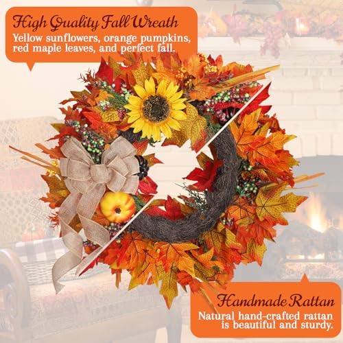 20 Inch Autumn Wreath with Pumpkins and Sunflowers