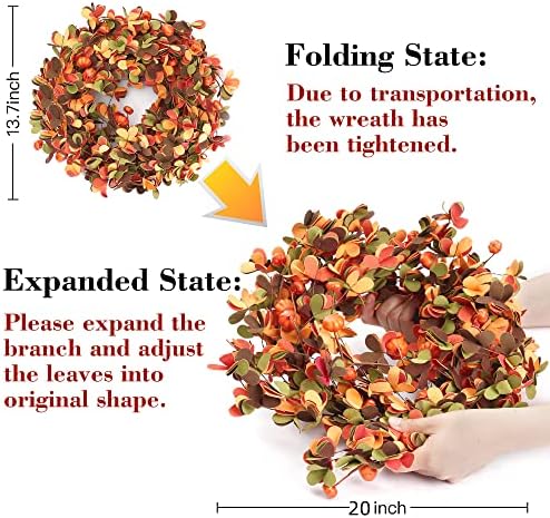 Sggvecsy 20 Inch Fall Wreath with Pumpkin and Leaves Orange