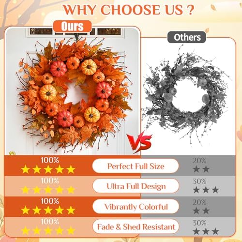 Fall Wreath for Front Door with Pumpkins Leaves 20 Inch Autumn Decor