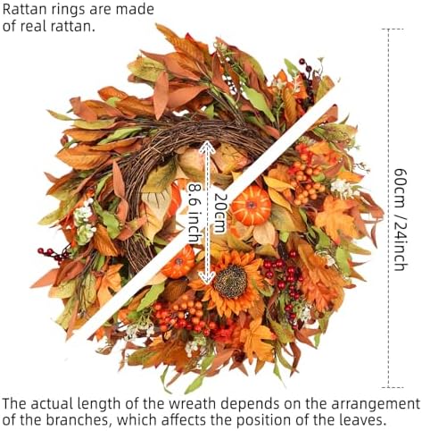 24 Inch Fall Wreath for Front Door Autumn Decor with Pumpkins Sunflowers Daisies Berries