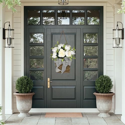 White Hydrangea Door Wreath with Basket Hanger Welcome Sign