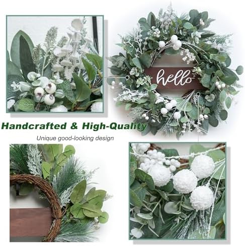 Soomeir 24 Inch Winter Door Wreath with Snow Leaves and Pine Needles