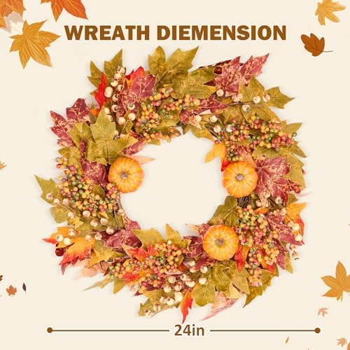 GENMOUS Fall Door Wreath with Pumpkins and Maple Leaves