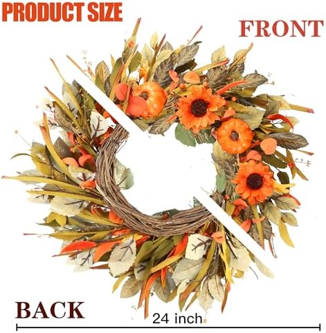 Sggvecsy 24 Inch Fall Wreath with Pumpkins and Sunflowers