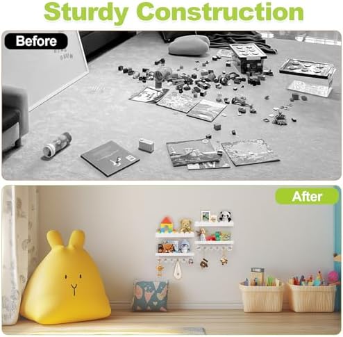 Varbonia Floating Nursery Book Shelves for Wall 4 Tier Storage with Wooden Pegs