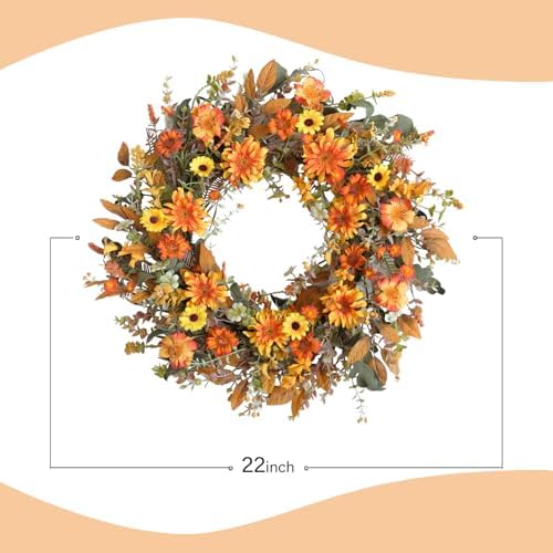 TEMPUS 22 Inch Fall Wreath with Yellow Daisies and Green Leaves - Artificial Wreath for Front Door Thanksgiving Decor