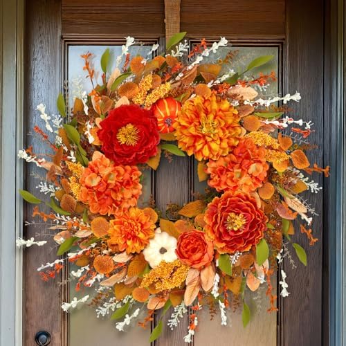 ICX 24-26 Inch Fall Wreath with Pumpkin Peonies Hydrangea
