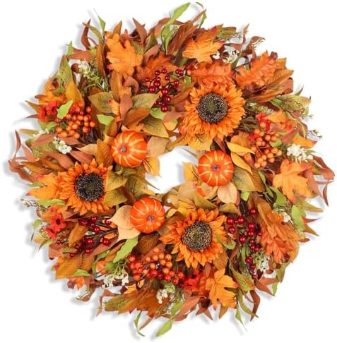 24 Inch Fall Wreath for Front Door Autumn Decor with Pumpkins Sunflowers Daisies Berries