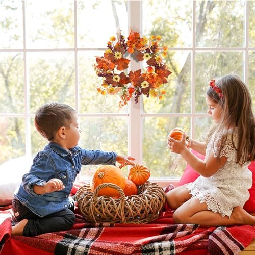 Fall Wreath for Front Door Artificial Autumn Maple Leaf Wreath with Pumpkins Berries 14 Inch Decor