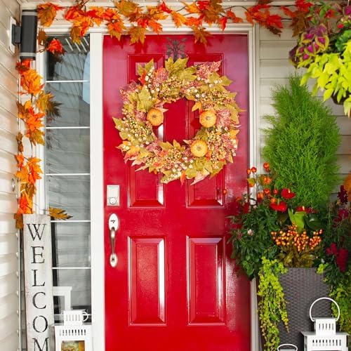 GENMOUS Fall Door Wreath with Pumpkins and Maple Leaves