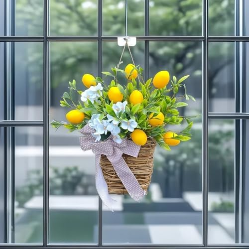 153inch Lemon Door Wreath with Blue Flowers and Polka Dot Bow