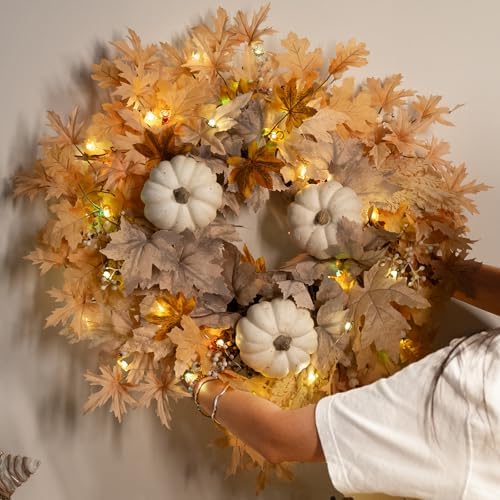 26 Inch Fall Wreath with Lights for Front Door