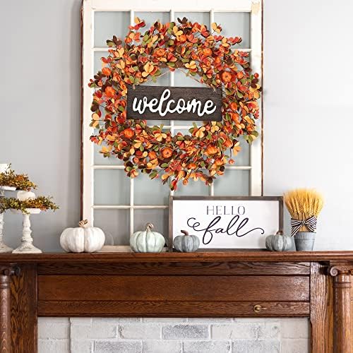 Sggvecsy 20 Inch Fall Wreath with Pumpkin and Leaves Orange