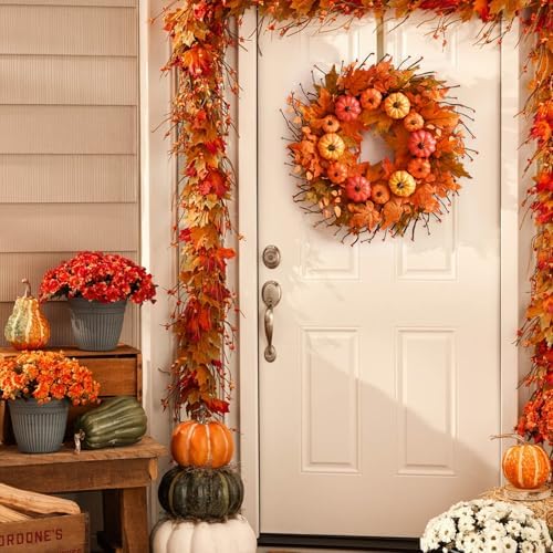 Fall Wreath for Front Door with Pumpkins Leaves 20 Inch Autumn Decor