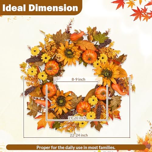 24 Inch Fall Wreath for Front Door Pumpkin Autumn Decor with Silk Leaves