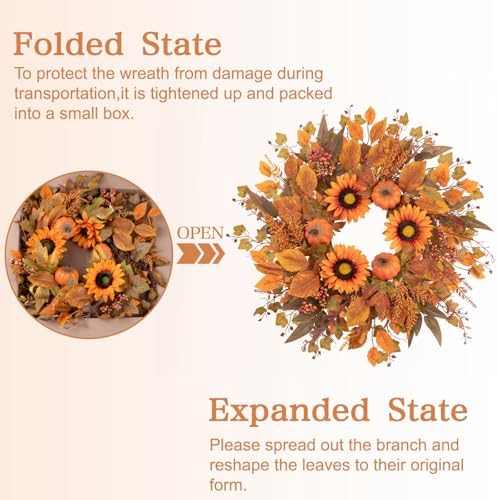 24 Inch Fall Wreath with Sunflowers and Pumpkins