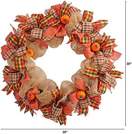 Nearly Natural 30in Autumn Pumpkin Decorative Bow Fall Wreath