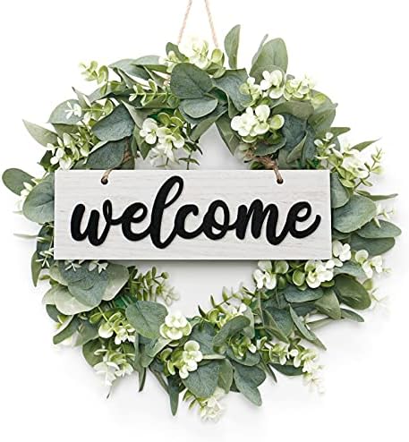 Dremisland 16 Inch Artificial Eucalyptus Wreath with Welcome Sign