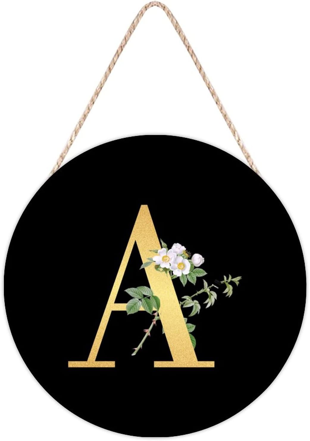 Farmhouse Door Hanger with Floral Greenery and Golden Initial A Wood Sign
