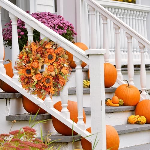 24 Inch Fall Wreath for Front Door Autumn Decor with Pumpkins Sunflowers Daisies Berries