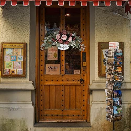 Artificial Rose and Eucalyptus Front Door Wreath with Welcome Sign