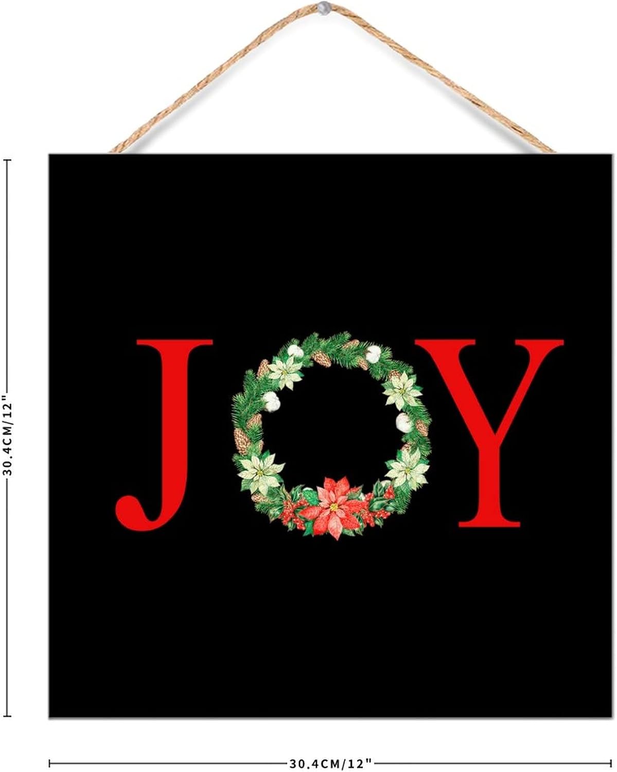 Joy Christmas Botanical Wreath Wooden Sign Door Hanger Decor 12x12in