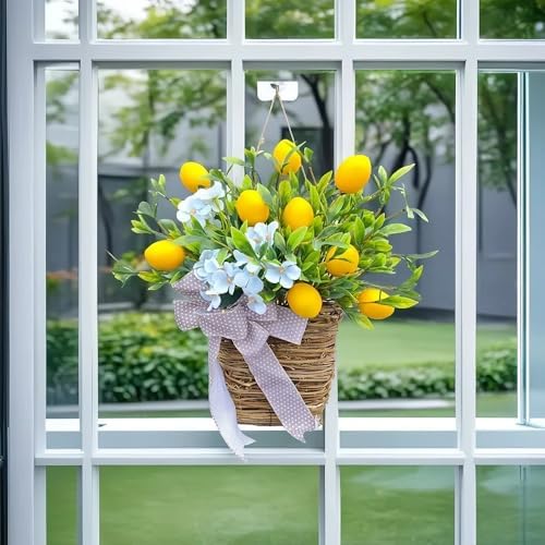 153inch Lemon Door Wreath with Blue Flowers and Polka Dot Bow