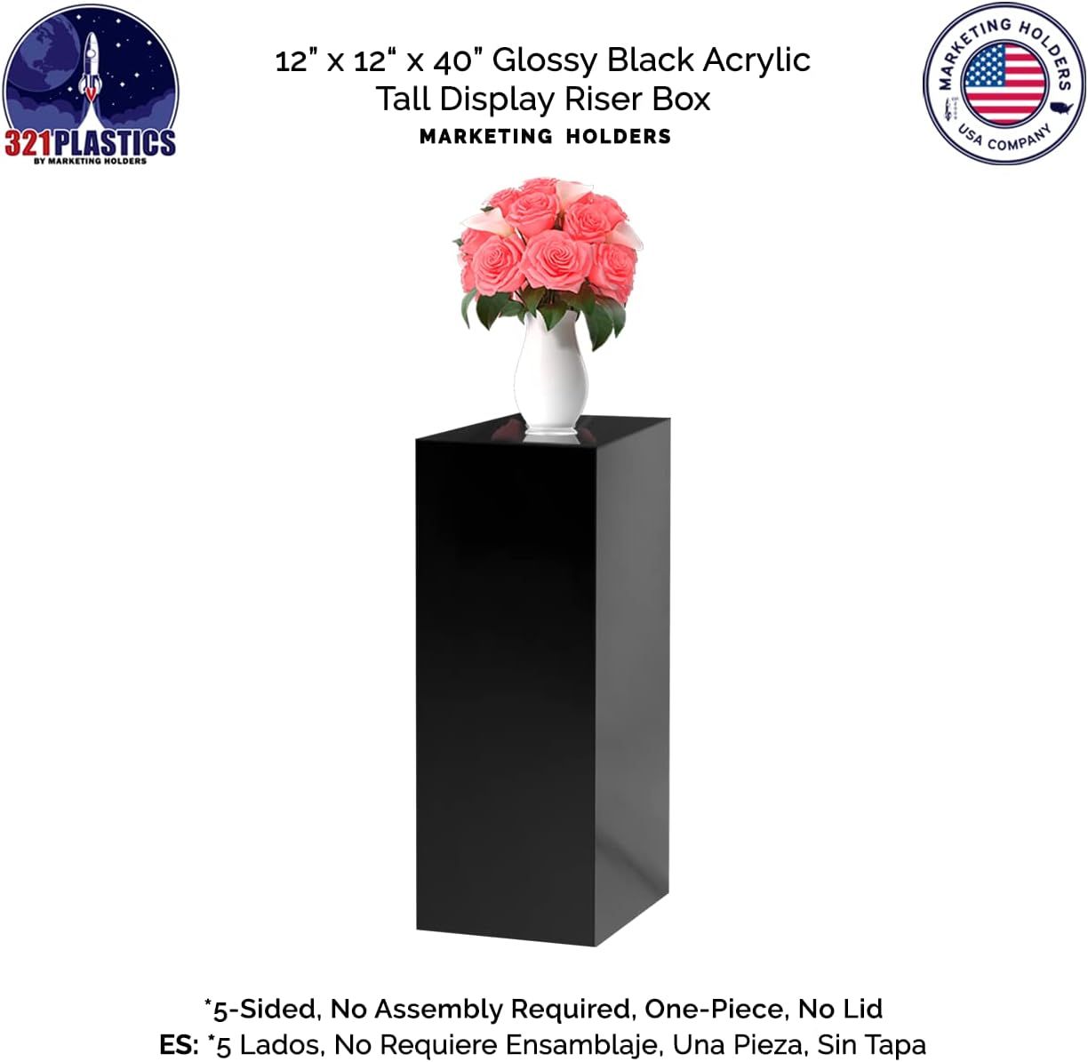 Tall Display Cube 12x12x40 Glossy Black Acrylic Pedestal