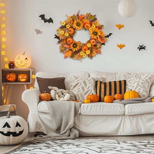 24 Inch Fall Wreath for Front Door Pumpkin Autumn Decor with Silk Leaves