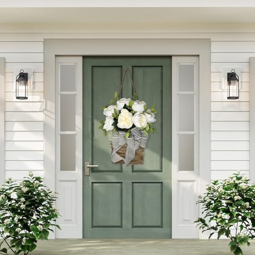 White Hydrangea Door Wreath with Basket Hanger Welcome Sign